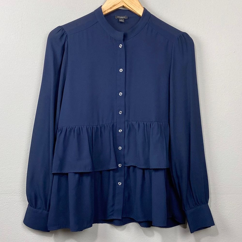 Ann Taylor Factory Navy Blue Tiered Ruffle Button Down Blouse Long Sleeve Size S